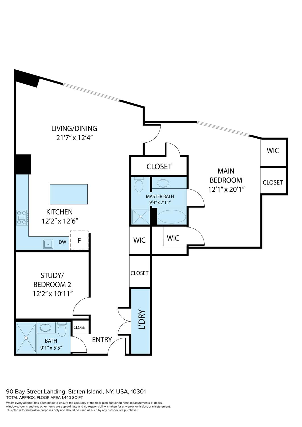 90 Bay Street Landing 1F floor plan - 2BR/2BA, 1,440 sq ft Floor plan of 90 Bay Street Landing 1F, Staten Island: 1,440 sq ft 2-bed/2-bath condo with open living/dining, L-shaped kitchen, large primary suite with WICs, laundry.