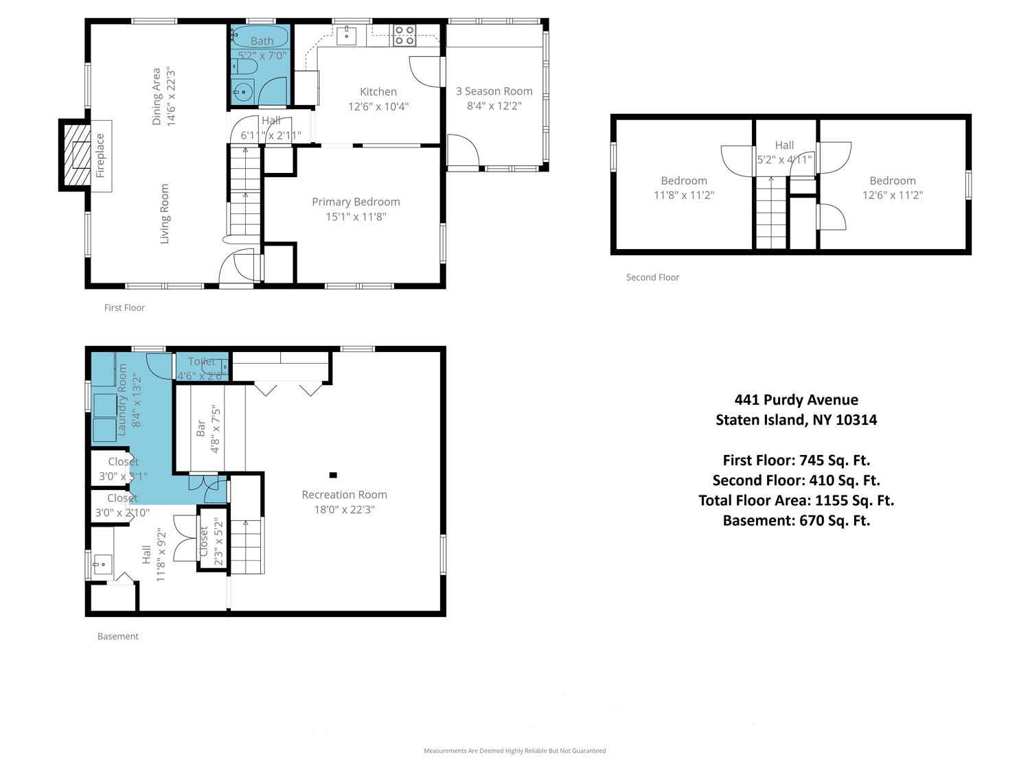 441 Purdy Ave Westerleigh Staten Island NY 3-Bedroom Cape Cod Floor Plan Floor plan of 3-bedroom Cape Cod home at 441 Purdy Ave in Westerleigh, Staten Island NY, showing main living area, bedrooms, 3-season room and finished basement layout.<br />