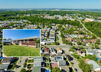 Aerial view with an inset highlighting 172 Wieland Ave on an oversized corner lot in Woodrow, Staten Island, NY 10309.