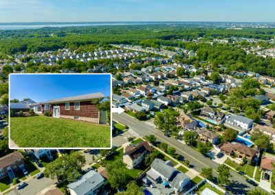 Aerial view with an inset highlighting 172 Wieland Ave on an oversized corner lot in Woodrow, Staten Island, NY 10309.